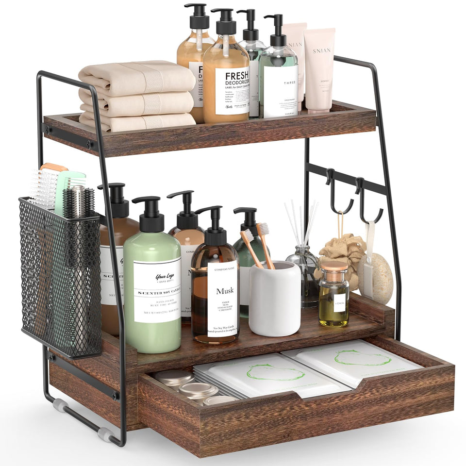 ROPALINS 2-tier bathroom organizer with drawer keeps skincare items neatly within easy reach.