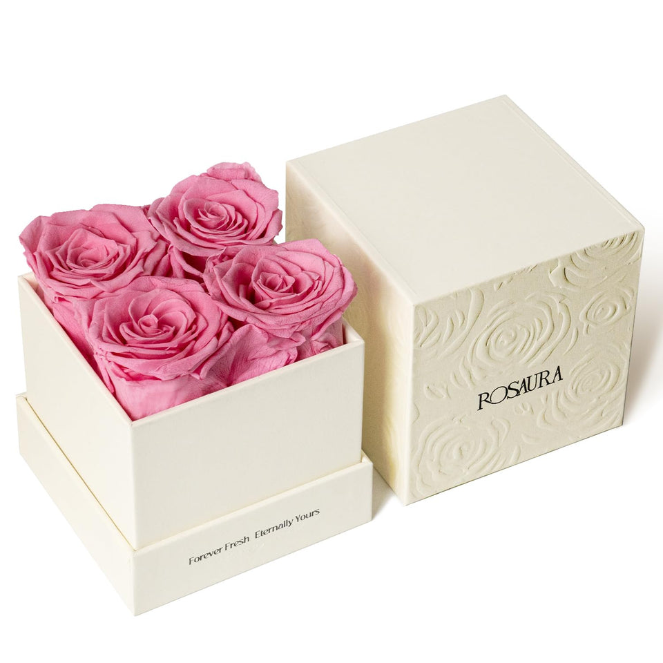 Rosaura eternal roses gift box closeup showing luxurious preserved blooms