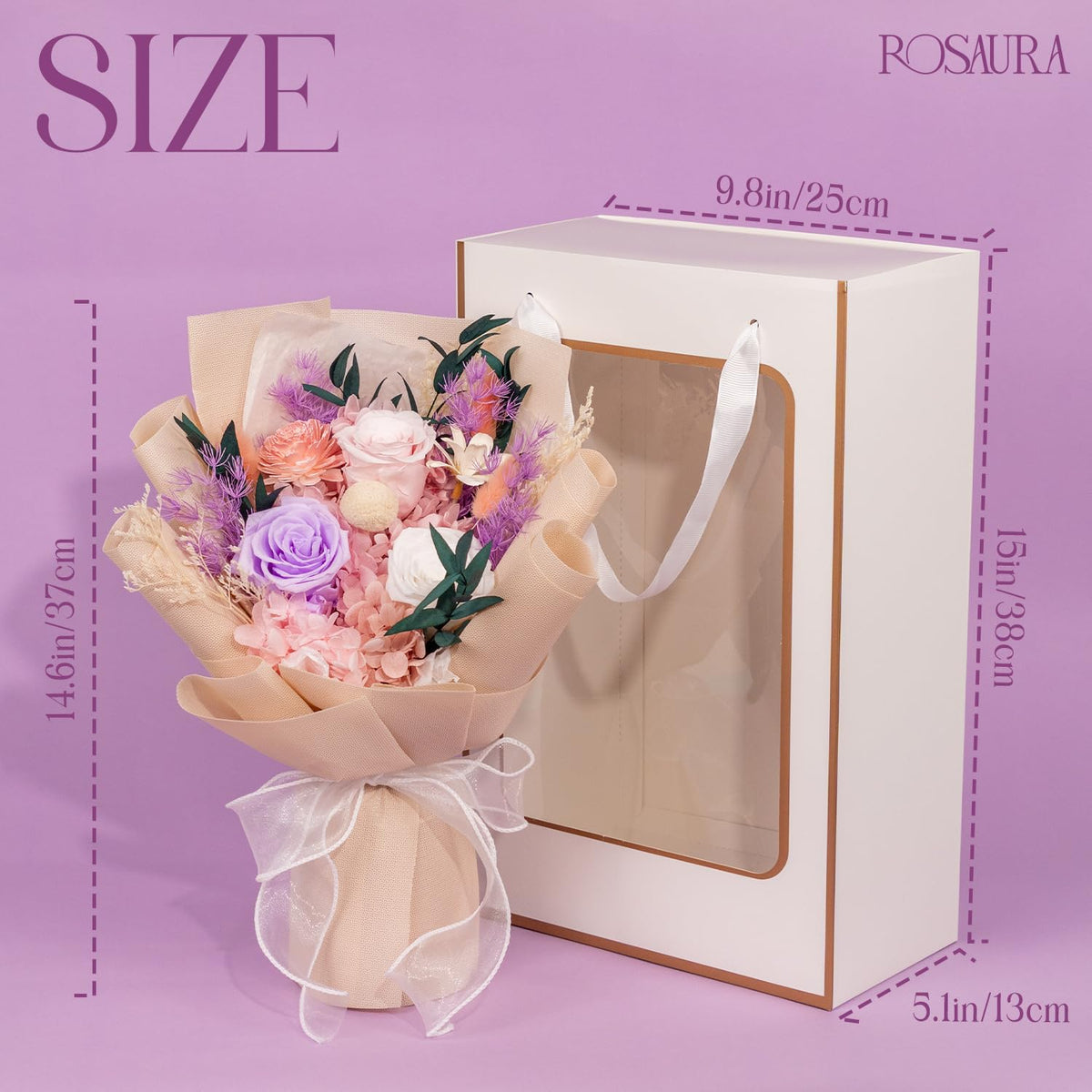 Rosaura preserved flowers bouquet pink closeup highlights vibrant petals.