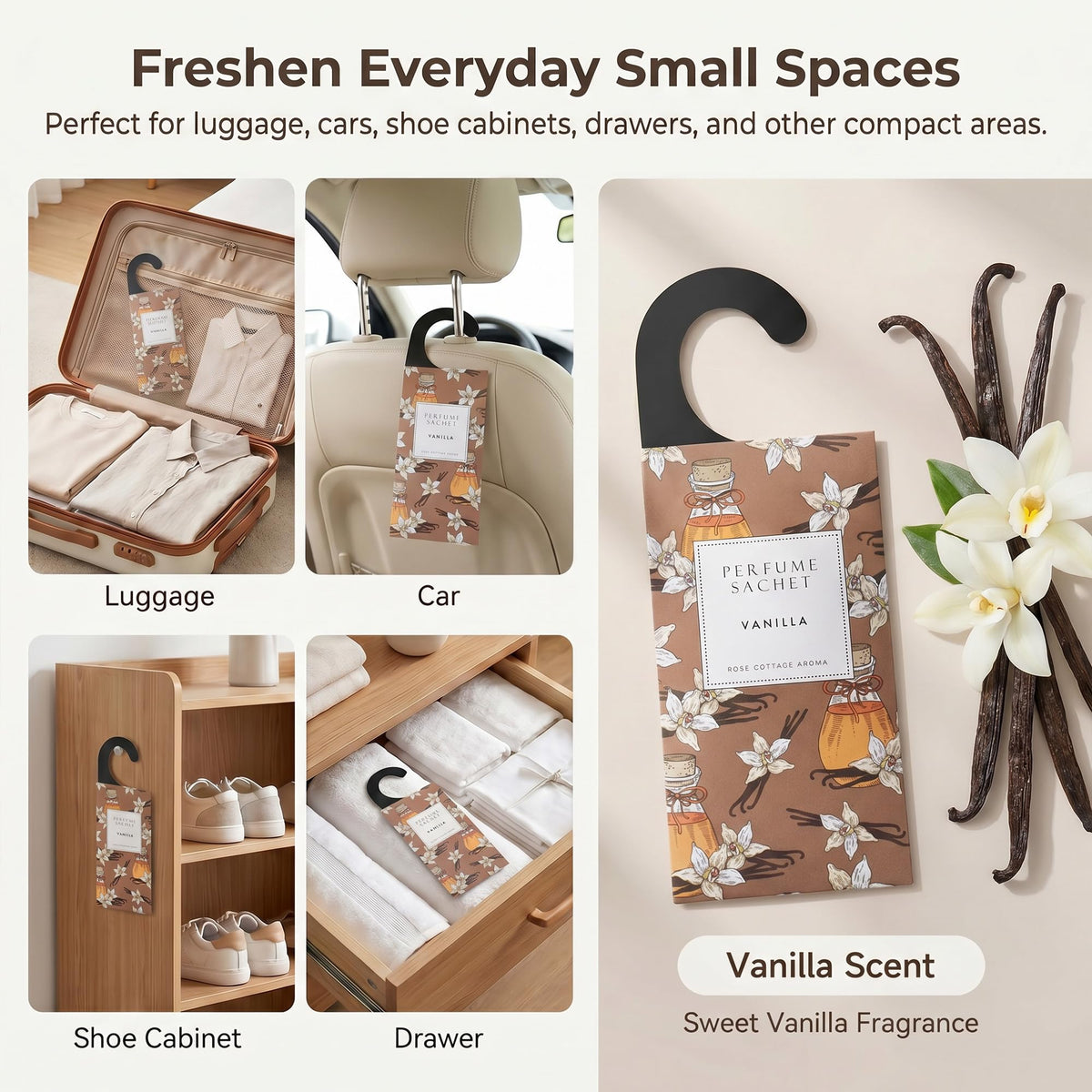 Rose Cottage Large Vanilla air freshener sachet offers extended scent diffusion.