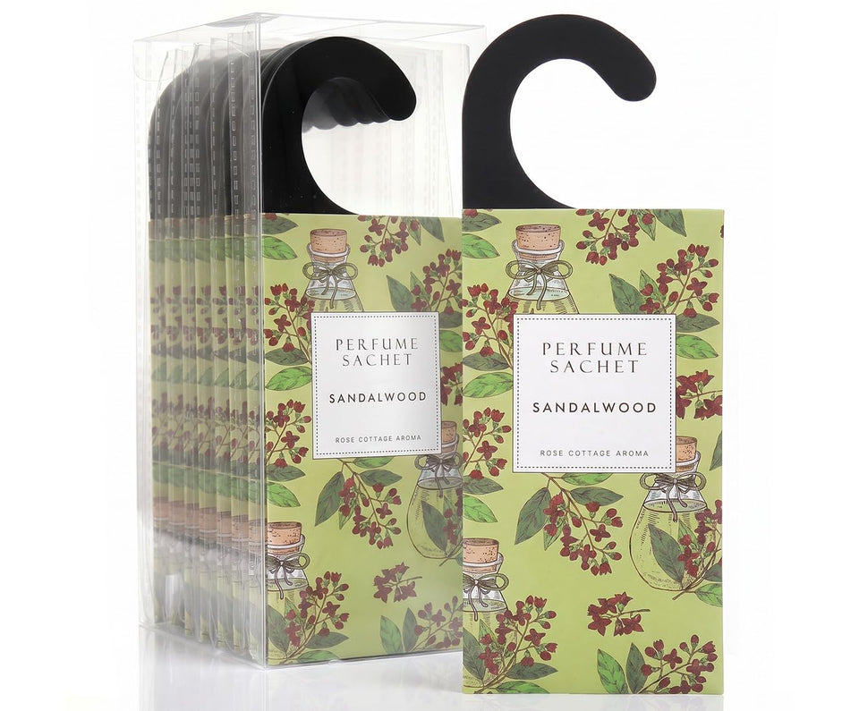 Rose Cottage sandalwood hanging deodorizer for closets with a lasting fragrance.