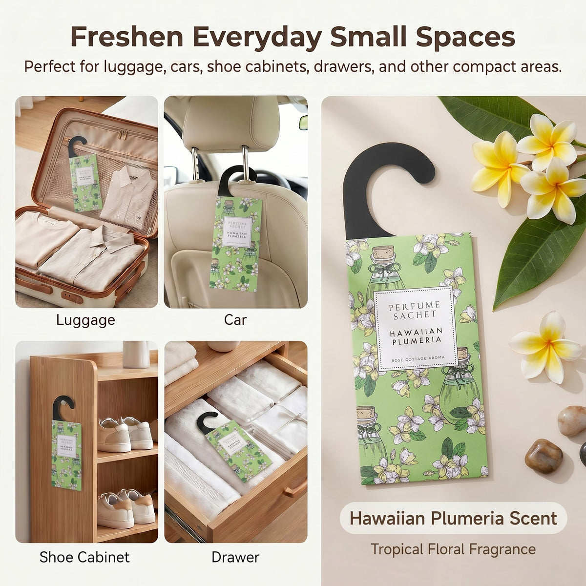 ROSE COTTAGE sachet diffuser in living area delivers subtle scent.