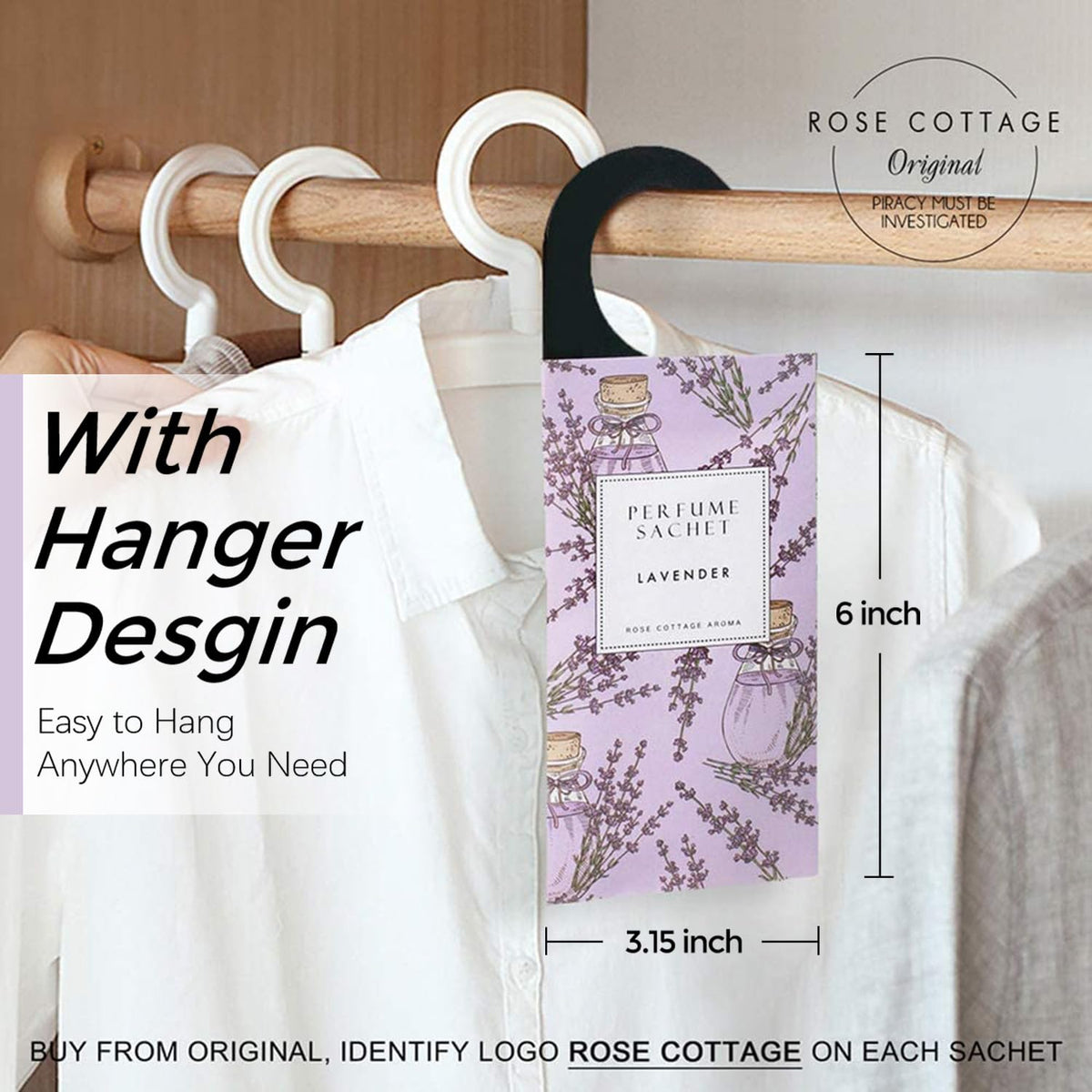 Rose Cottage linen scented sachet hung in wardrobe for fresh air