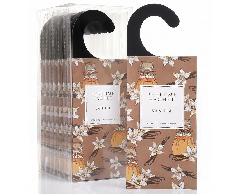 Rose Cottage Vanilla hanging sachet keeps closet smelling fresh for weeks.