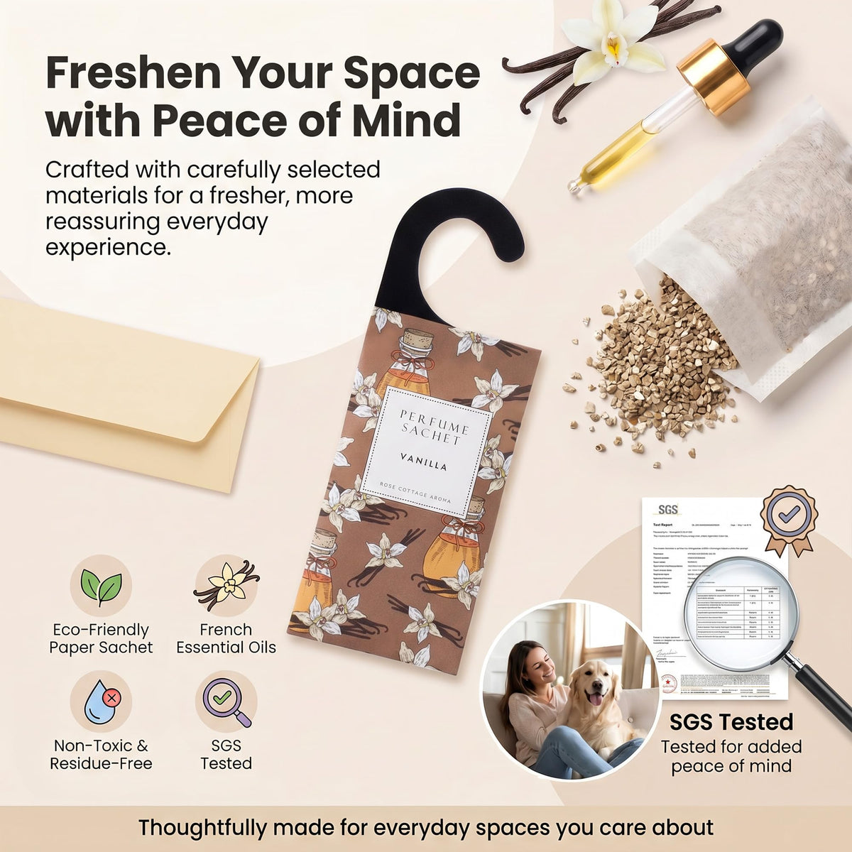 Rose Cottage Vanilla pouch for closet scent and shoe odor elimination.