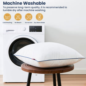 ROSE FEATHER pillow care image illustrating low heat dryer fluffing