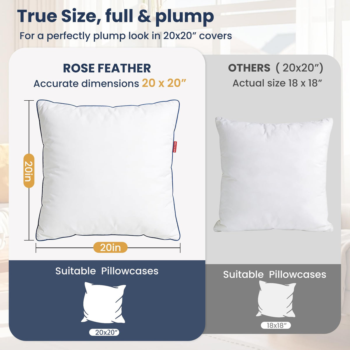 ROSE FEATHER pillow insert showing reinforced piping detail for durability