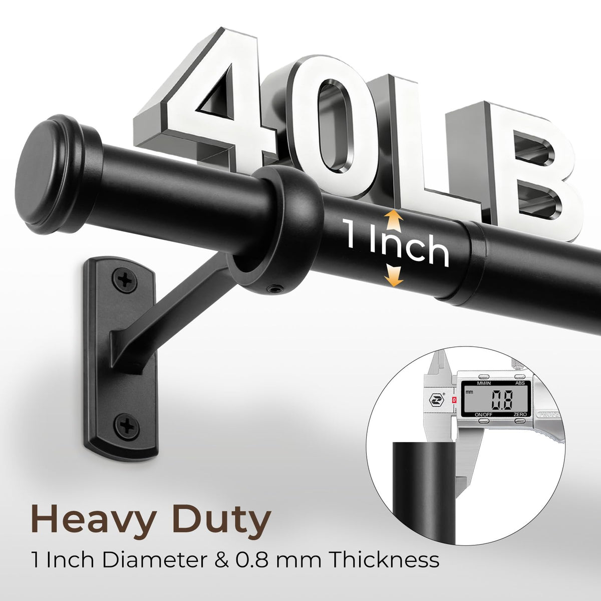 Rose Home Fashion 1-Inch Black Curtain Rod telescoping length for adjustable fit
