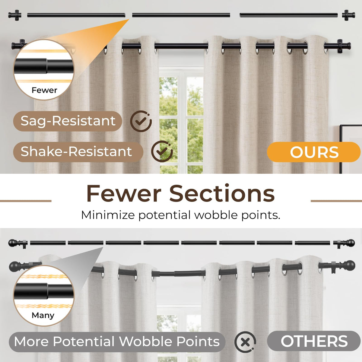 Rose Home Fashion 1-Inch Black Curtain Rod wall mount option for versatile placement