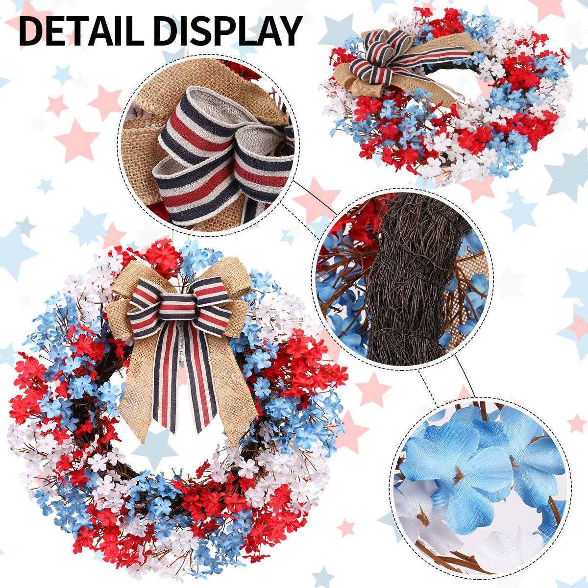 Close-up of burlap bow on RoseCraft wreath adds rustic charm for porch décor