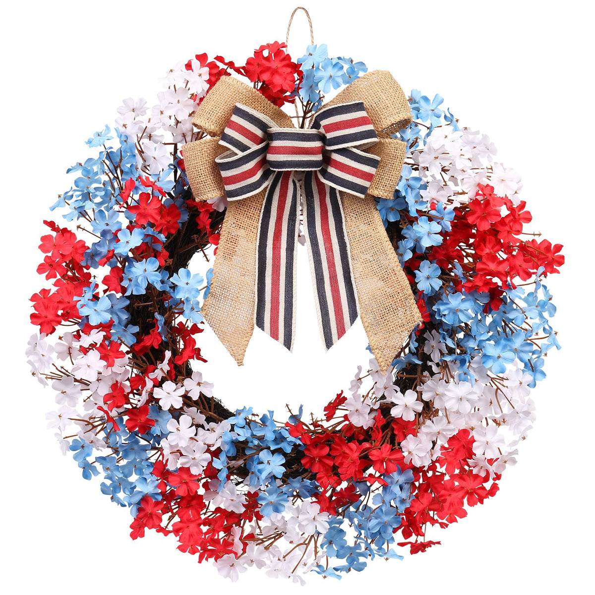 RoseCraft 22-inch patriotic wreath brightens the front door with red, white, blue palette for curb appeal