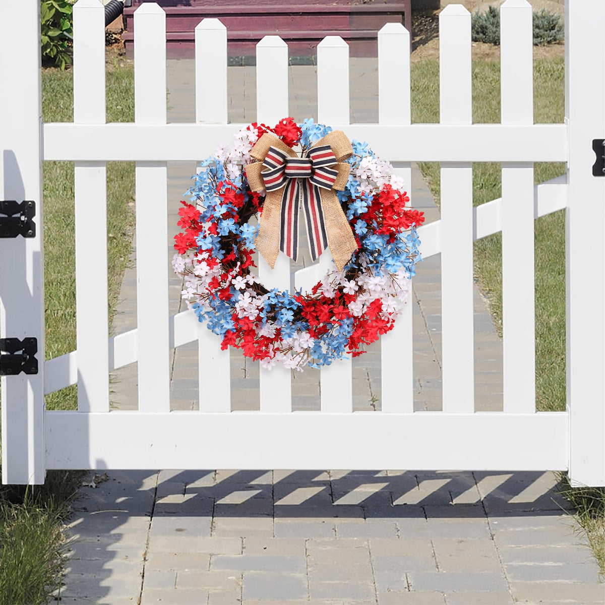 Durable artificial flowers resist sun fading for RoseCraft 22-inch patriotic wreath