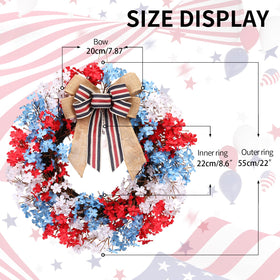RoseCraft 22-inch patriotic wreath close-up shows vivid red, white, blue flowers with burlap bow