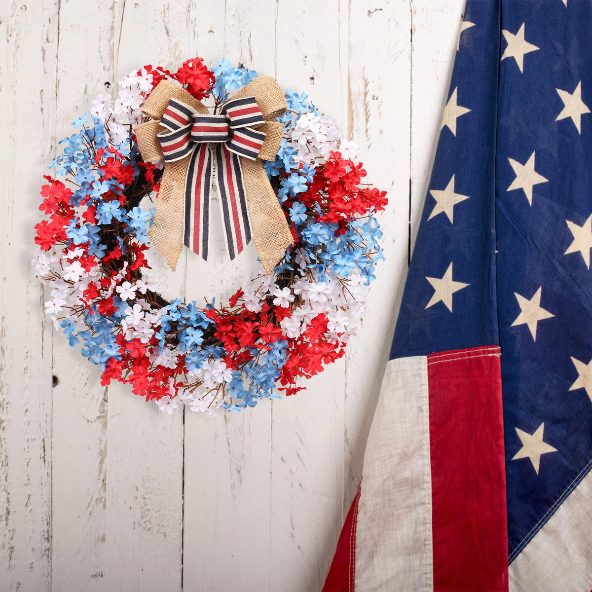 Sunlight-resistant colors keep the RoseCraft wreath looking festive outdoors