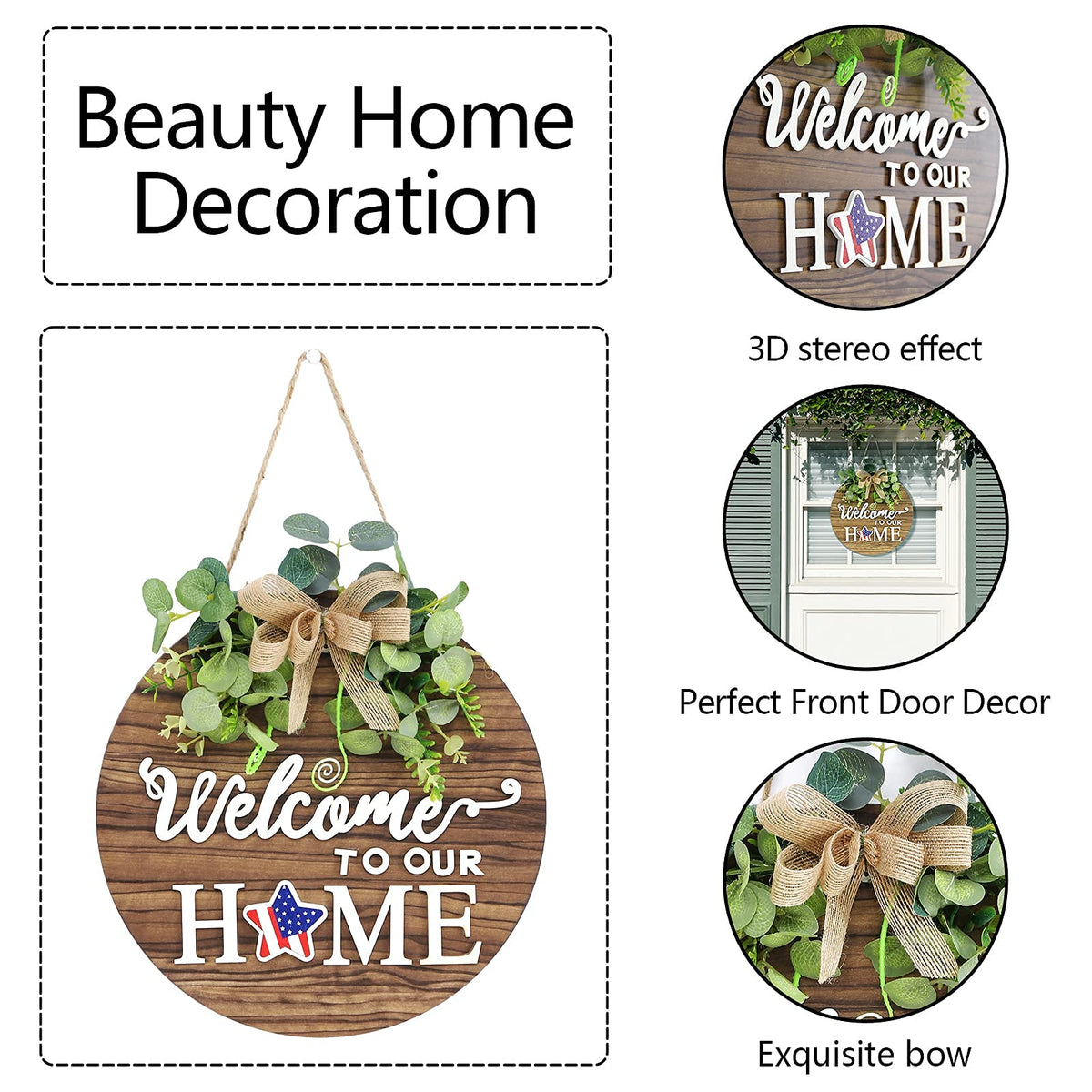 RoseCraft welcome sign on rustic round wood wreath enhances entryway charm