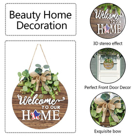 RoseCraft welcome sign on rustic round wood wreath enhances entryway charm