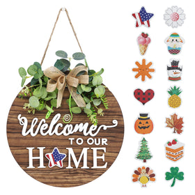 RoseCraft interchangeable welcome sign with round wood wreath for warm front door decor