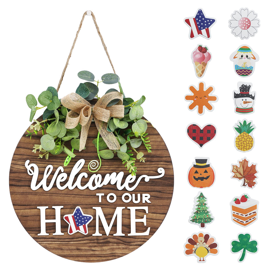 RoseCraft interchangeable welcome sign with round wood wreath for warm front door decor