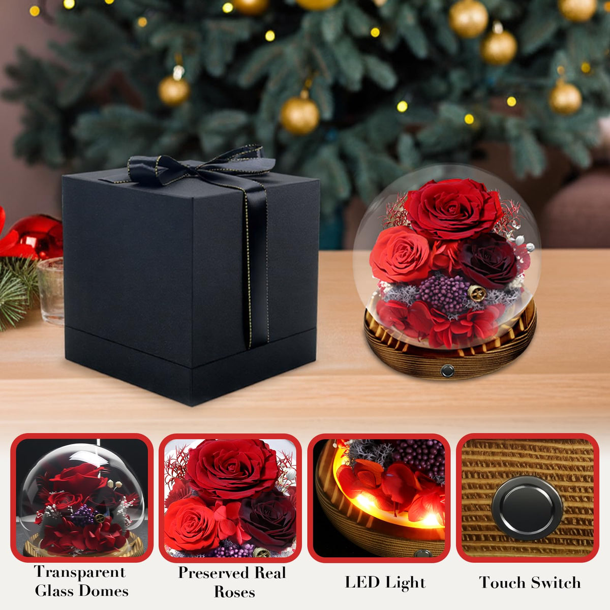 Roseeluxee LED glass dome illumination highlights the bloom’s detail day and night.