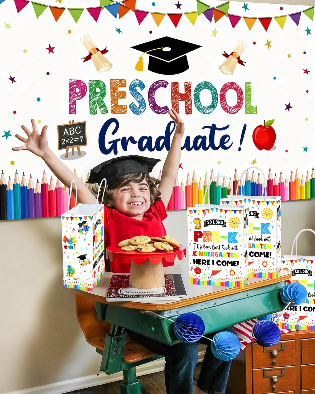 Roselush vibrant pre-k decor bags enhance colorful graduation setup