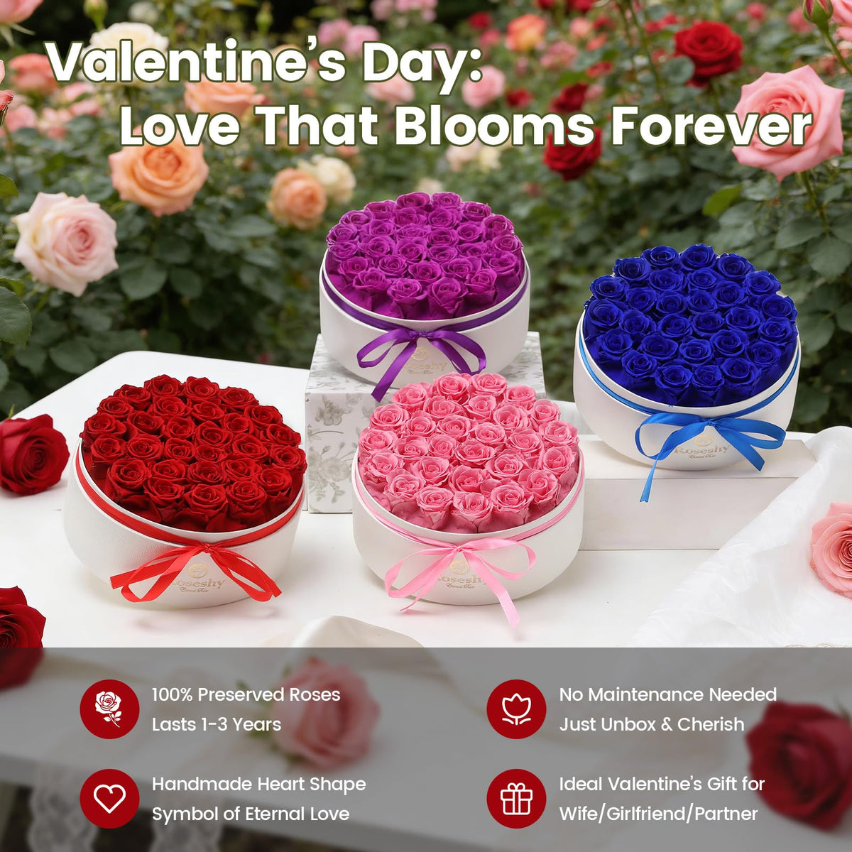 Roseshy forever-preserved roses presentation box highlights gift-ready elegance.