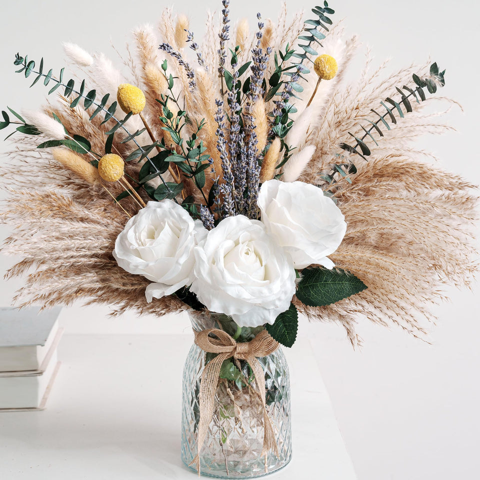 RoseTalk faux flower arrangement in a glass vase for elegant dining room centerpieces.
