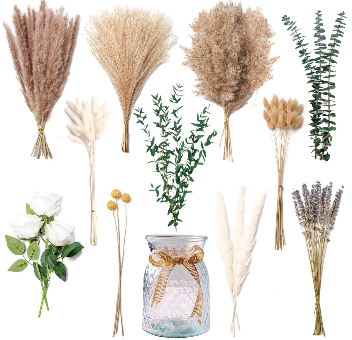 RoseTalk pampas grass centerpiece with vase adds texture to living room coffee table.