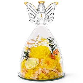 RoseValley forever preserved roses in glass angel figurine, close-up; lasting keepsake