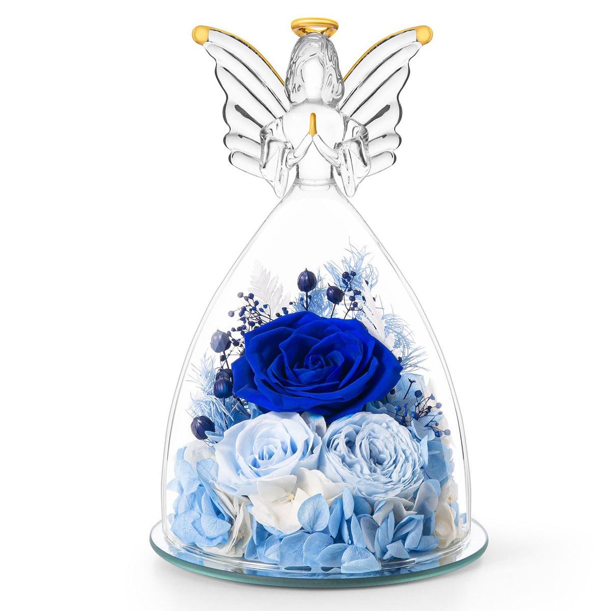 RoseValley preserved roses in an angel figurine, a lasting bouquet keepsake gift for mom on Mother's Day.