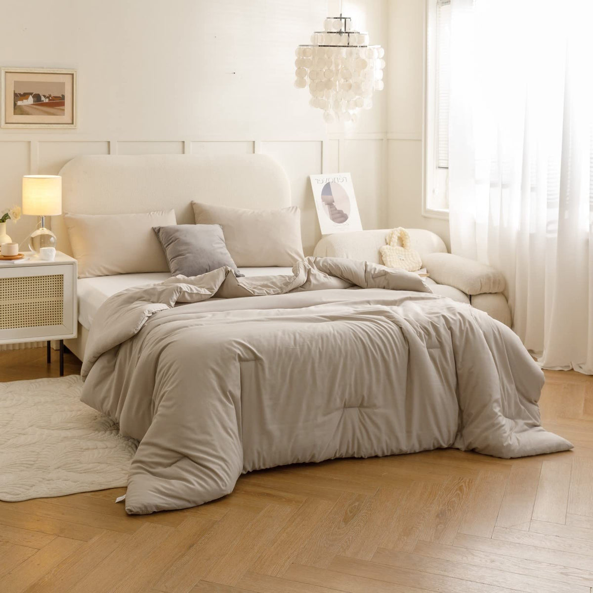 ROSGONIA 3-piece oatmeal bedding set open packaging ready for setup