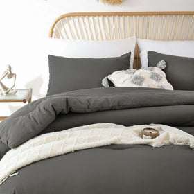 ROSGONIA bedroom setup with boho grey comforter for versatile decor.