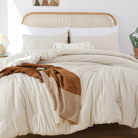 ROSGONIA beige comforter set for queen bed adds boho elegance and cozy warmth.