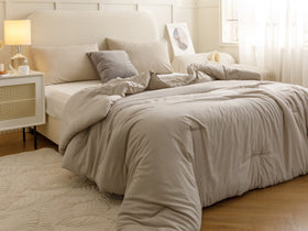 ROSGONIA boho neutral oatmeal bedroom scene with coordinated decor