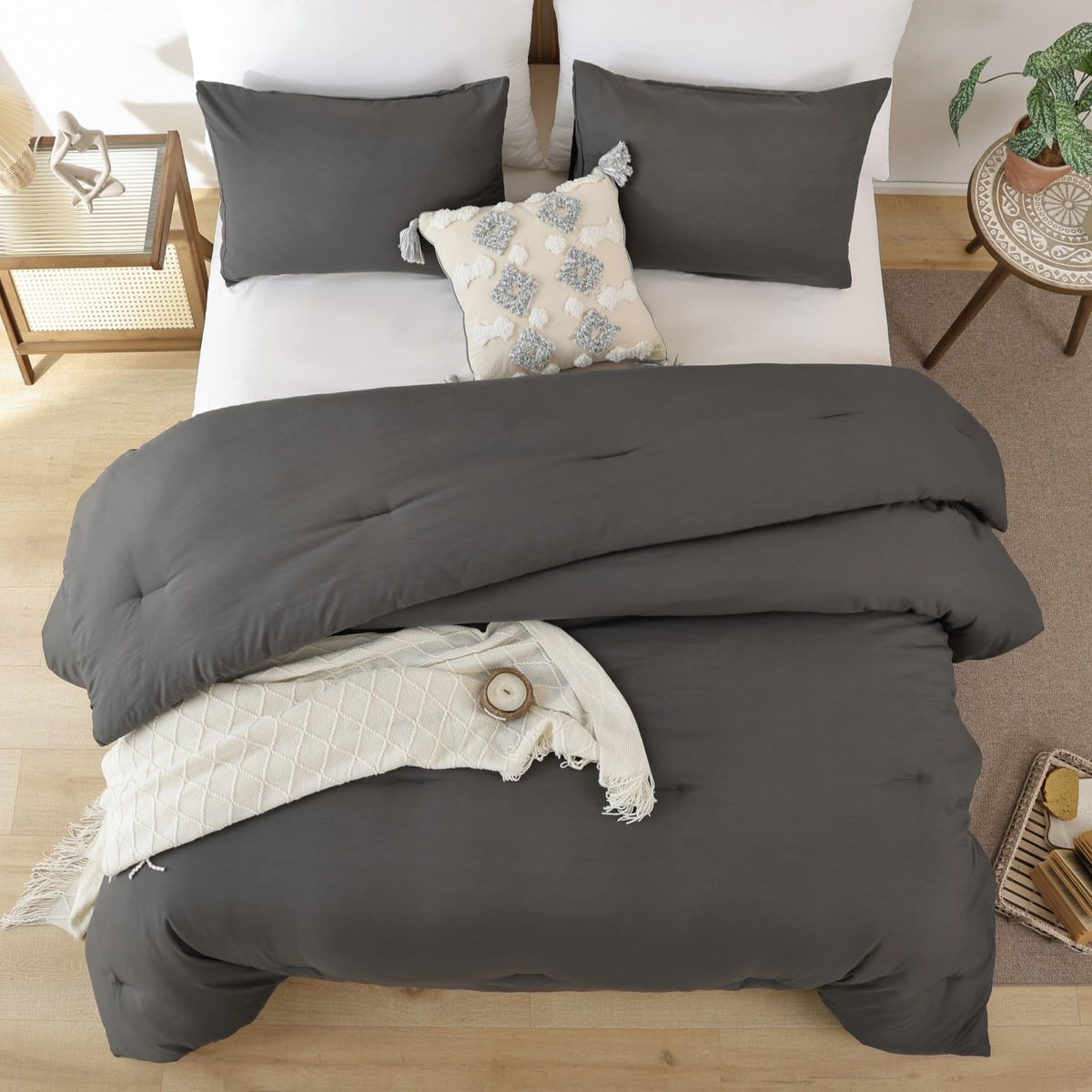 ROSGONIA comforter dimensions shown at 90 by 90 inches for queen beds.