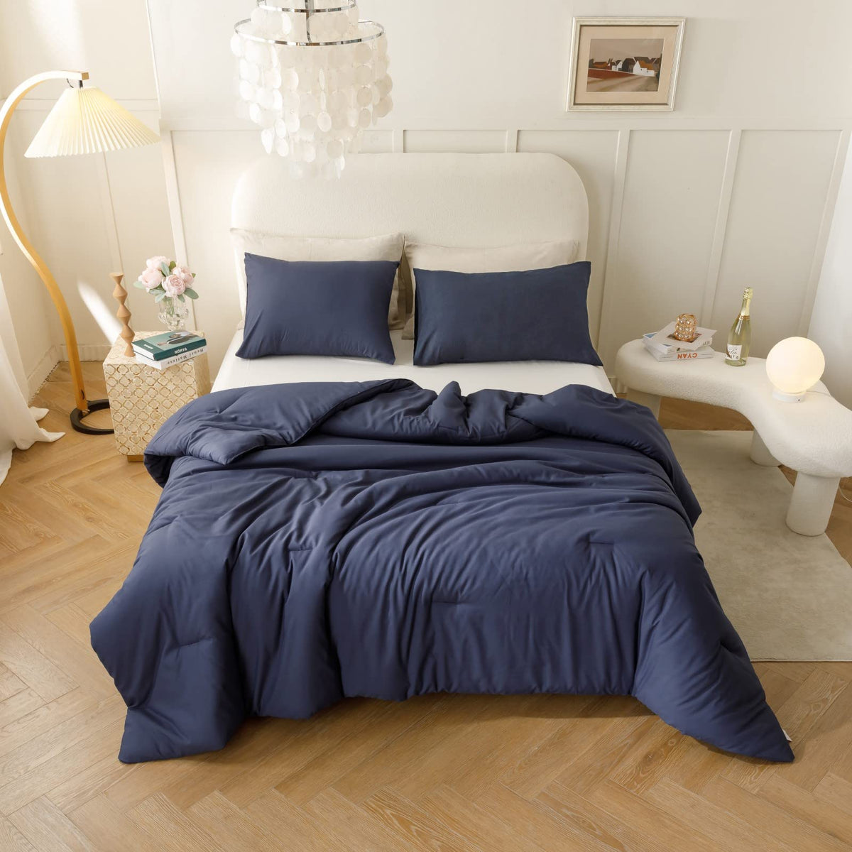 ROSGONIA navy blue bedroom ambience evokes calming, versatile decor.