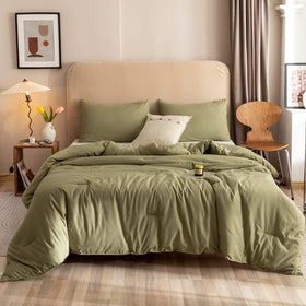 ROSGONIA olive green comforter close-up highlighting softness.