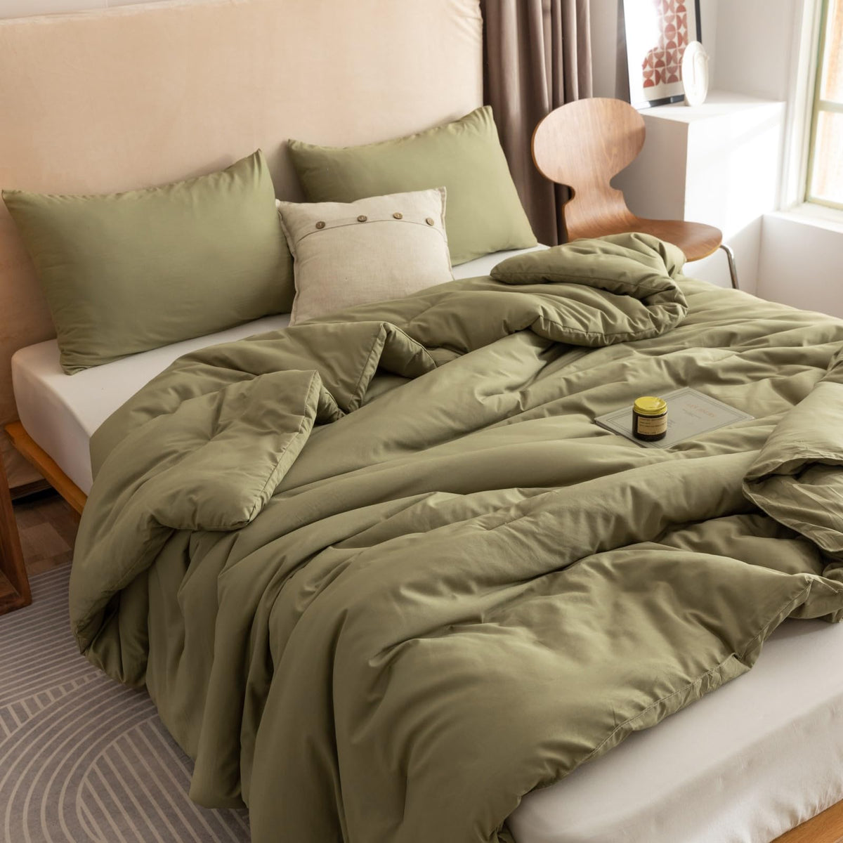 ROSGONIA olive green oversized king comforter close-up, soft breathable fabric.
