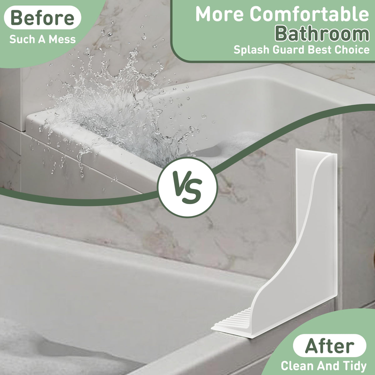 Roslim corner-edge seal guards against splashing at tub edges.