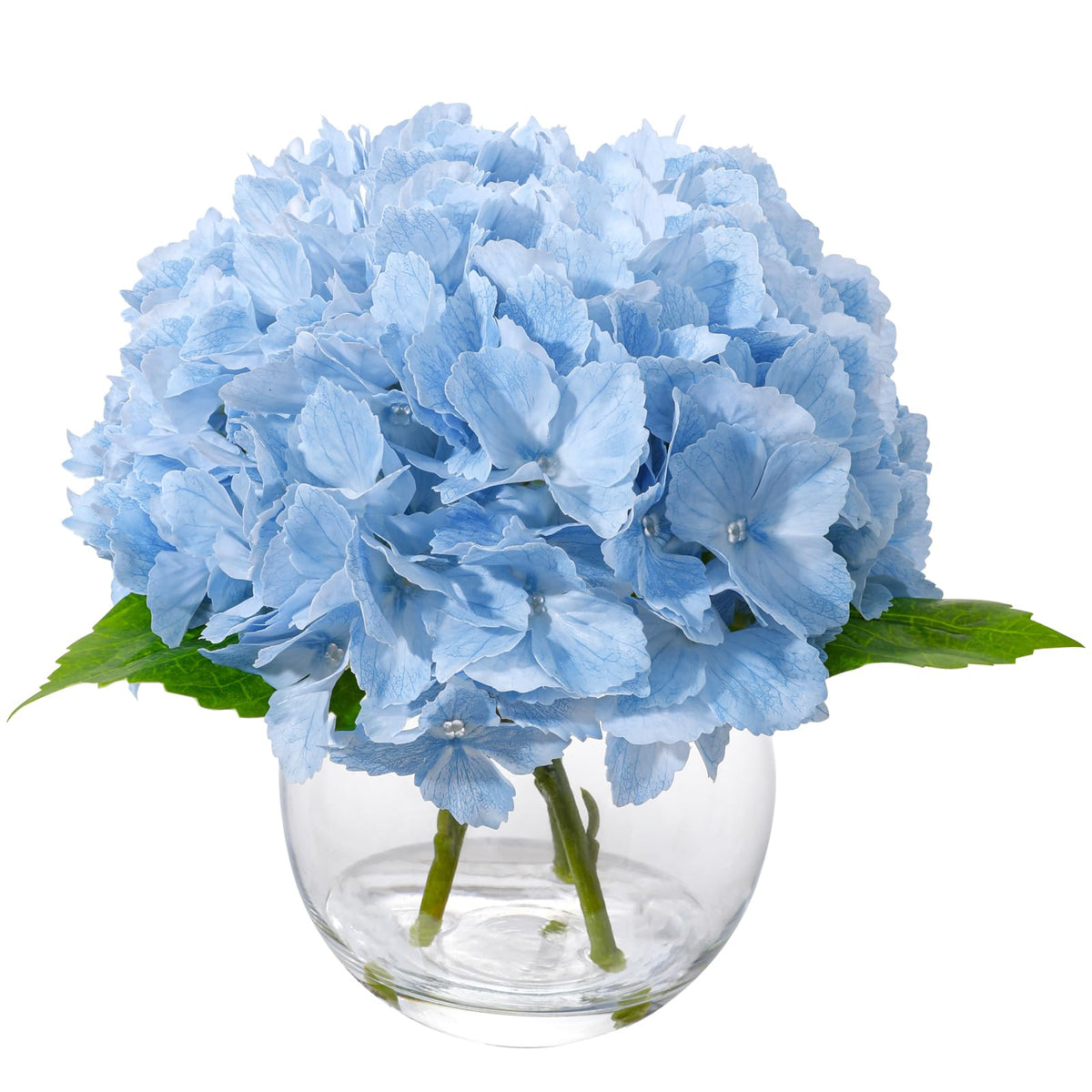 Rosscer blue hydrangea in glass vase with faux water for elegant dining table decor.