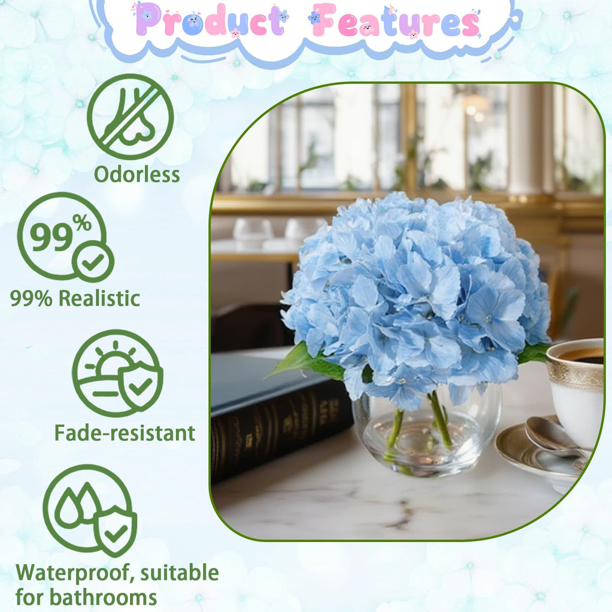 Rosscer blue hydrangea appears lifelike and UV-resistant near sunny windows.