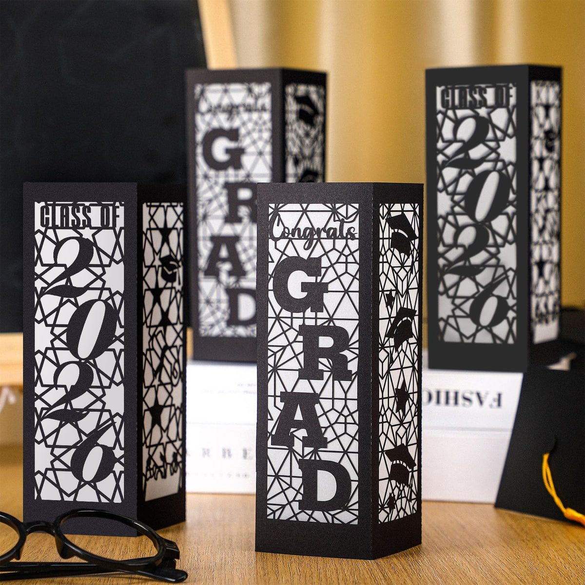 Rossesay Class of 2026 lantern centerpiece in black adds elegant contrast to graduation decor.