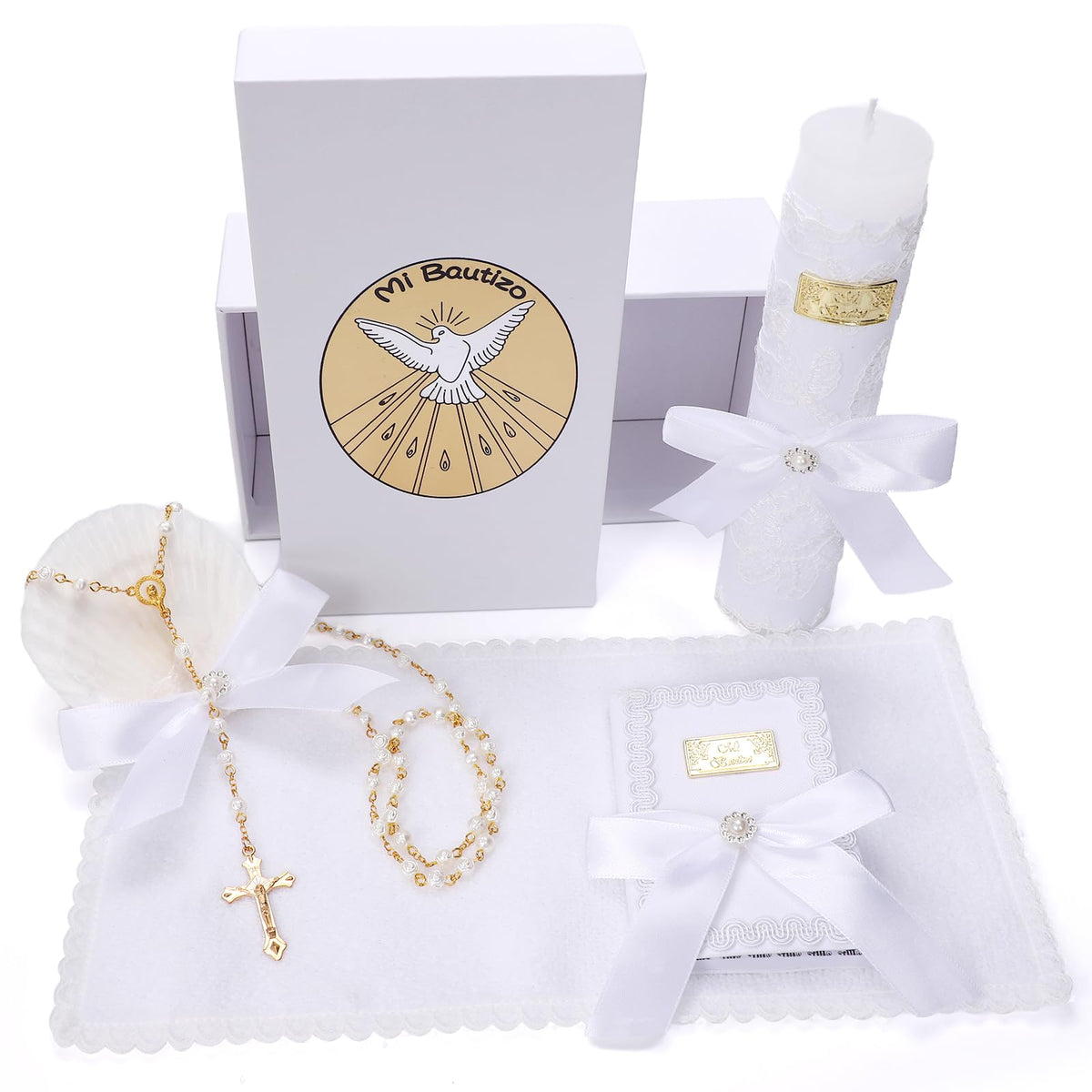Rotel white baptism candle with lace bows, ideal centerpiece for baby christening ceremonies.