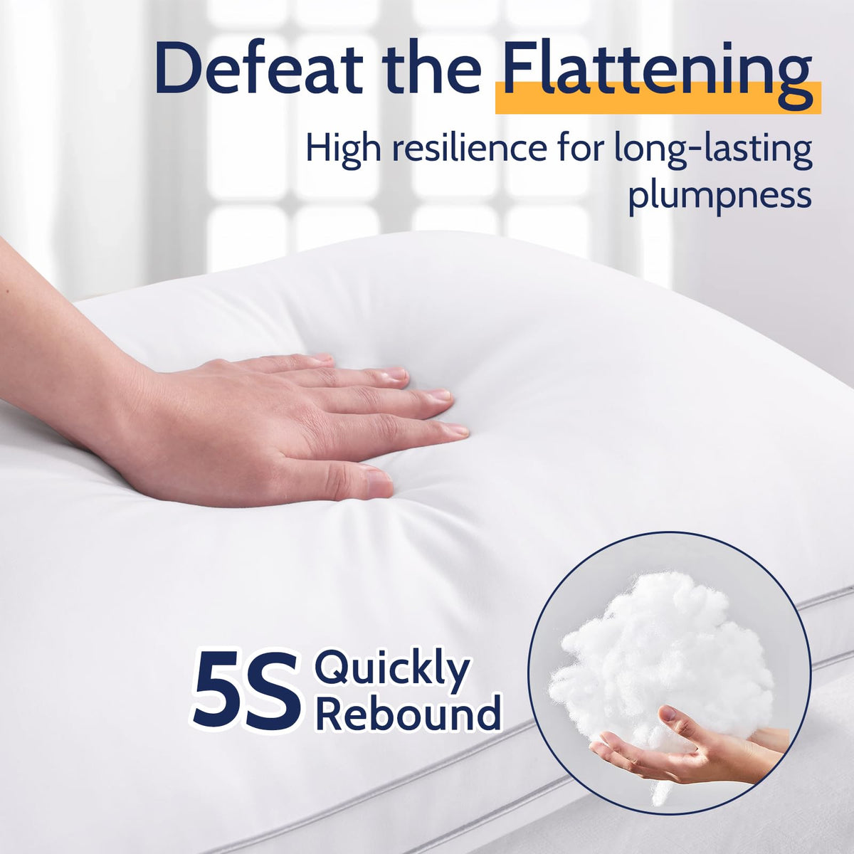 ROUMEA pillows on bed stack, showcasing full loft.