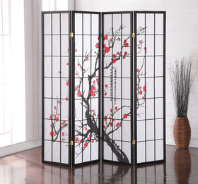 Roundhill Furniture black plum blossom screen panel close-up showing privacy and light diffusion