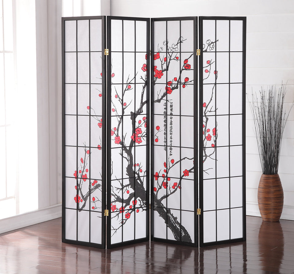 Roundhill Furniture black plum blossom screen panel close-up showing privacy and light diffusion