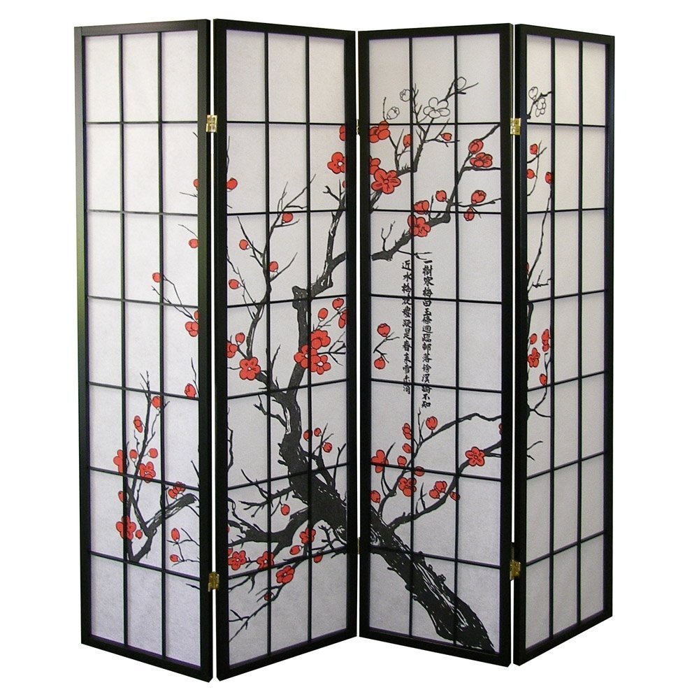 Roundhill Furniture black plum blossom 4-panel screen in room setting for versatile privacy