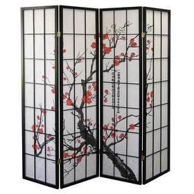 Roundhill Furniture black plum blossom 4-panel screen in room setting for versatile privacy