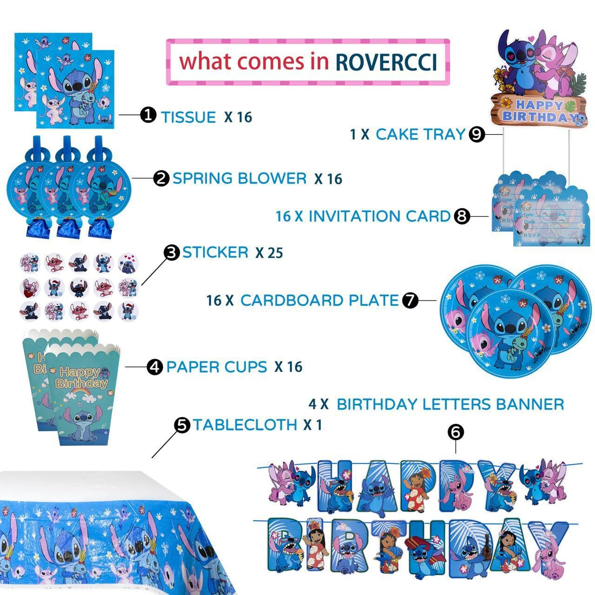 Rovercci Stitch popcorn boxes add themed snack storage and color to the table.