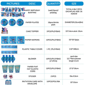 Rovercci Stitch tablecloth and banner set elevate the party decor with cohesive visuals.