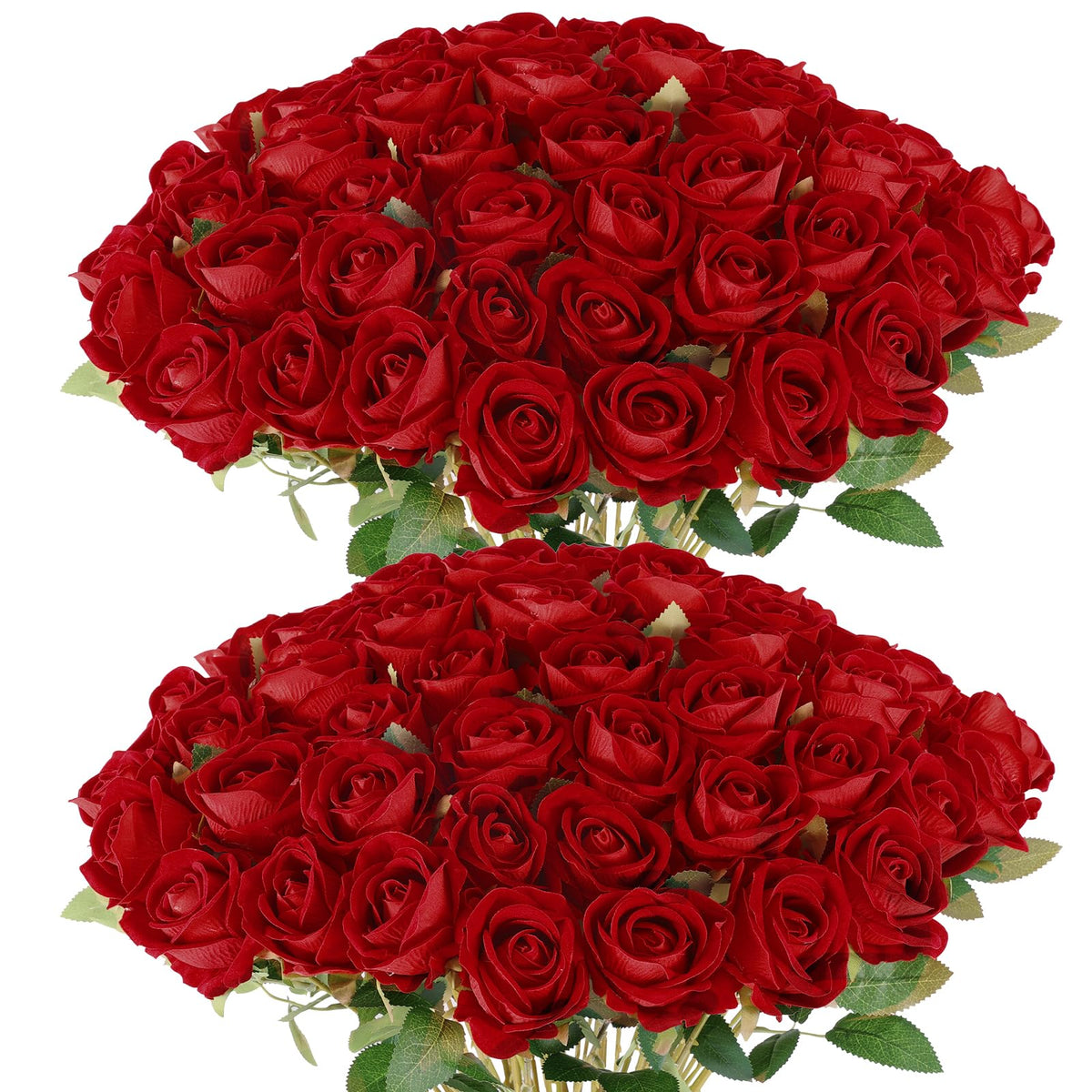 Rowfad 60-pcs artificial roses bulk with vibrant red blooms for versatile decorating.